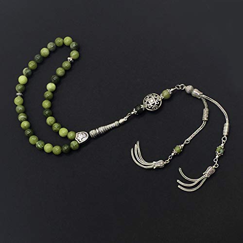 Design -Latest Models New Long & Stylist Tassels Worry Beads - Prayer Beads (8 mm-33 Beads) Tesbih-Tasbih-Tasbeeh-Misbaha-Masbaha-Subha-Sebha-Sibha-Rosary (Green Jade Stone - Twin Tassel) - color: Green Jade Stone - Twin Tassel