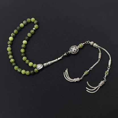 Design -Latest Models New Long & Stylist Tassels Worry Beads - Prayer Beads (8 mm-33 Beads) Tesbih-Tasbih-Tasbeeh-Misbaha-Masbaha-Subha-Sebha-Sibha-Rosary (Green Jade Stone - Twin Tassel) - color: Green Jade Stone - Twin Tassel