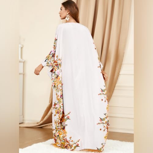 ODIZLI Ramadan Abaya for Women Muslim Batwing Sleeve Floral Print Prayer Dress Dubai Turkey Kaftan - color: White