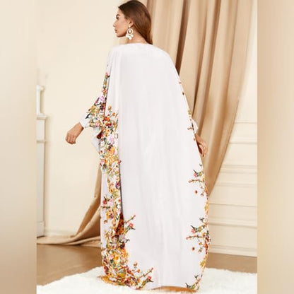 ODIZLI Ramadan Abaya for Women Muslim Batwing Sleeve Floral Print Prayer Dress Dubai Turkey Kaftan - color: White