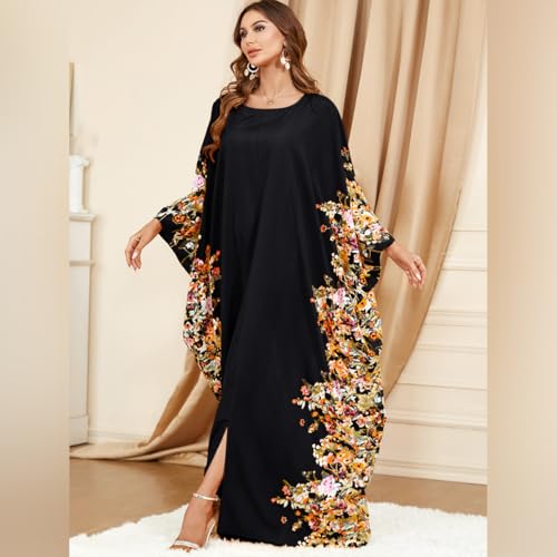 ODIZLI Ramadan Abaya for Women Muslim Batwing Sleeve Floral Print Prayer Dress Dubai Turkey Kaftan - color: Black