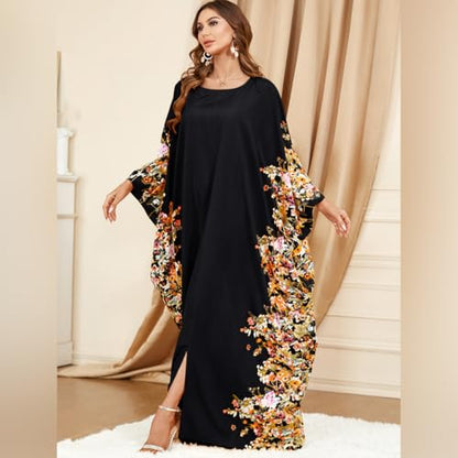 ODIZLI Ramadan Abaya for Women Muslim Batwing Sleeve Floral Print Prayer Dress Dubai Turkey Kaftan - color: Black