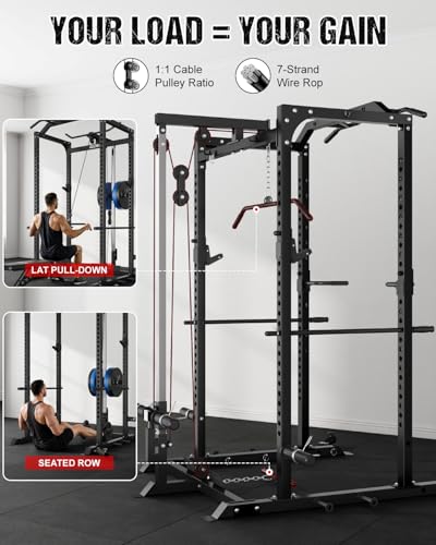 C1-V4 Power Cage, 2000LBS Squat Rack with LAT Pulldown, Multi-Function Weight Cage Strength Training Machine, Workout Cage with More Attachments for Home Gym Garage - style: BK Power Cage C1-V4