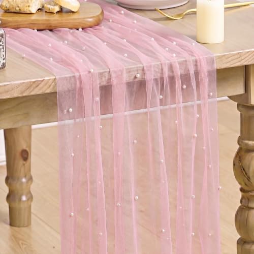 Artoid Mode Pearl Pastel Pink Gauze Table Runner 10FT Home Decor - color: Pastel Pink, size: 28" x 120"