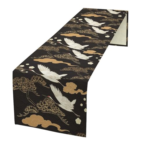 Japanese Crane Table Runner, Traditional Vintage Black Gold Pine Tree Crane Bird Asian Print Table Runner for Wedding Dining Table Holiday Party Kitchen Home Decoration, 13x36inch - color: Asian-18, size: W13"x L36"