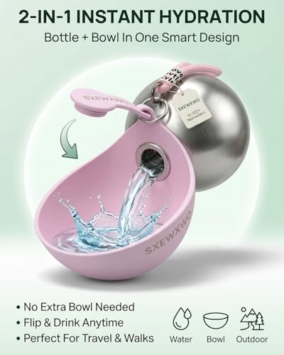 The 2-in-1 Dog Water Bottle & Bowl 2026 New Portable Trave Pet Dispenser Perros Silicone Water Ball Spill Proof Container Design on Walks Walking Hiking Insulated Round Botella Animal (Pink) - color: Pink