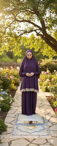 Women's Prayer Dress 2 Pieces Solid Color Plus Long Sleeve | One-Size | Hijab Abaya Suit - color: Purple