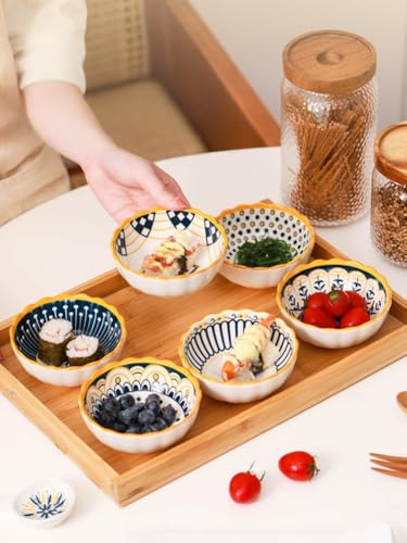 6 Pack 3 oz Small Soy Sauce Dish Ceramic Dipping Sauce Bowls | Moroccan Style/Yellow/Cute/Mini Dipping Bowls for Sushi,Side Dish,Ketchup,Dips,Condiment,Snack/BBQ Party/Stackable - color: Yellow