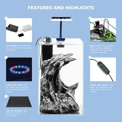 Aqua Worx Sand Waterfall Tank Kit - Silent Operation Falling Sand Fish Tank w/LED Light and Self Cleaning Filtration - Desktop Rimless Starter Aquarium Kit, Just Add Plants - 3.38GAL | 12.8L (A1) - size: A1 (20CM)