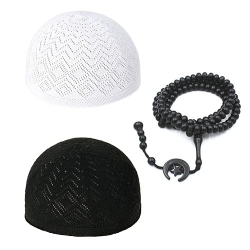 Mens Embroidered Kufi Muslim Prayer Hat Soft Islam Religious Arabic Cap - color: 2pcs Hats+rosary, size: Medium
