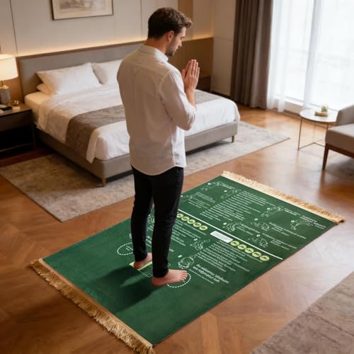 Bilingual Guided Prayer Mat with Direction Finder, Read in English and Say It in Arabic Guided Prayer Mat for Salah and Meditation (Green, L)
