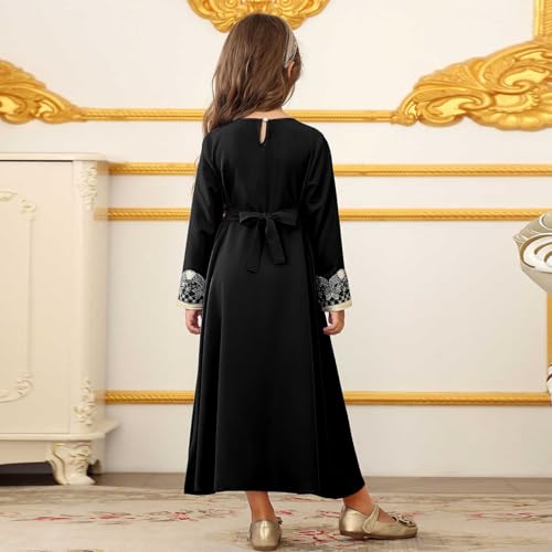 Kids Girls Ramadan Muslim Lace Trim Maxi Dress with Belt Prayer Arabic Kaftan Dubai Islamic Eid Dresses - color: Black, size: 10-11 Years