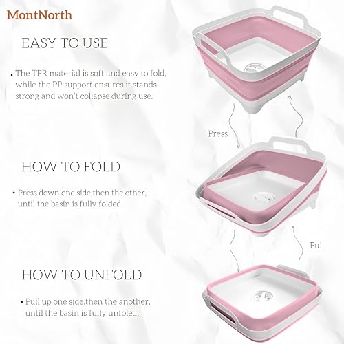 Collapsible Wash Basin 9L, Foldable Dish Tub with Drain Plug, Portable Collapsible Dish Basin, Camping Sink for Washing Dishes, Laundry & Kitchen Use (Pink) - color: Pink - Set of 1