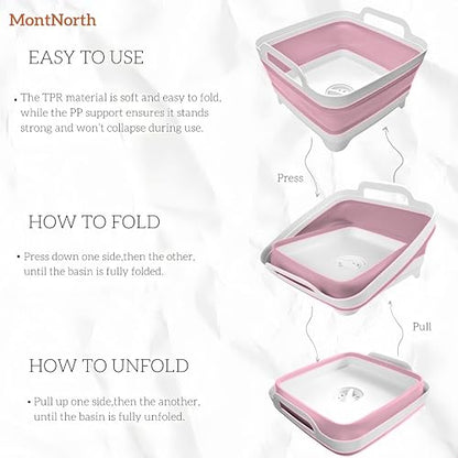 Collapsible Wash Basin 9L, Foldable Dish Tub with Drain Plug, Portable Collapsible Dish Basin, Camping Sink for Washing Dishes, Laundry & Kitchen Use (Pink) - color: Pink - Set of 1