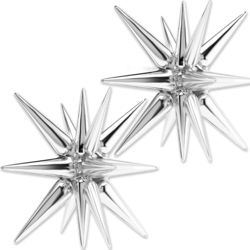 PartyWoo Metallic Silver Star Foil Balloons 2pcs 42 Inch Large Spike Explosion Mylar Balloons for Graduation Birthday Baby Shower Engagement Bridal Shower Anniversary Bachelorette Party Decorations - color: Silver, size: 2 PCS - 42 Inch