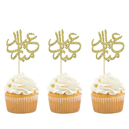 Confetti! 24Pcs Gold Glitter Eid Mubarak Cupcake Toppers Arabic Happy Eid Ramadan Kareem Cake Decorations Islamic Muslim Party Supplies Decorations