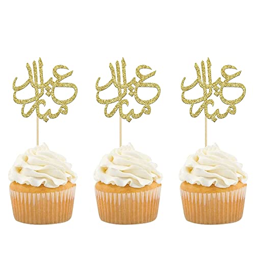 Confetti! 24Pcs Gold Glitter Eid Mubarak Cupcake Toppers Arabic Happy Eid Ramadan Kareem Cake Decorations Islamic Muslim Party Supplies Decorations