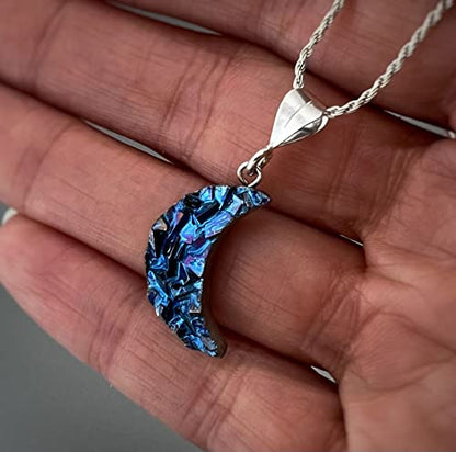 Once in a Blue Moon Necklace, Handmade Bismuth Pendant with Iridescent Crystal on Sterling Silver Chain, Unique Celestial Jewelry