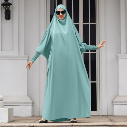 IDOPIP Muslim Abaya for Women One Piece Long Sleeve Islamic Prayer Dress with Hooded Hijab Maxi Kaftan Robe Modest Clothes - color: Light Green