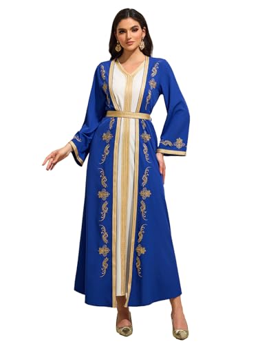 Embroidery Abayas for Women Muslim Moroccan Floral Maxi Kaftan Dress Arabic Islamic Dubai Robe Ramadan Prayer Clothes - color: Sapphire Blue, size: X-Large