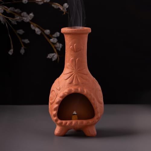 Handmade Palo Santo & Sage Burning Dish, Mini Floral Chiminea Smudge Bowl - color: Terracotta -Flower Palo Santo Holder