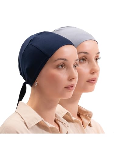 FabNest Women Hijab Undercap Islamic Muslim Under Scarf Hats Bonnet with Tie Back Non-Slip Breathable and Snug-Fit - color: Navy Blue + Gray (2pcs)