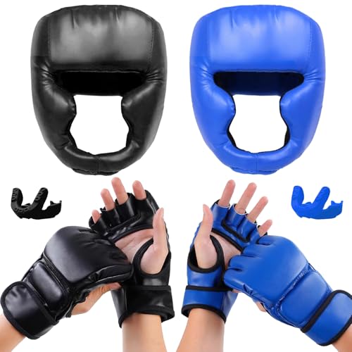 14 Pcs Boxing Set Boxing Equipment Set for Beginners Including 2 Pair of 6 oz Boxing Gloves Headgear Helmet Hand Wraps Mouth Guards Gifts Training Equipment - color: Black & Blue-MMA