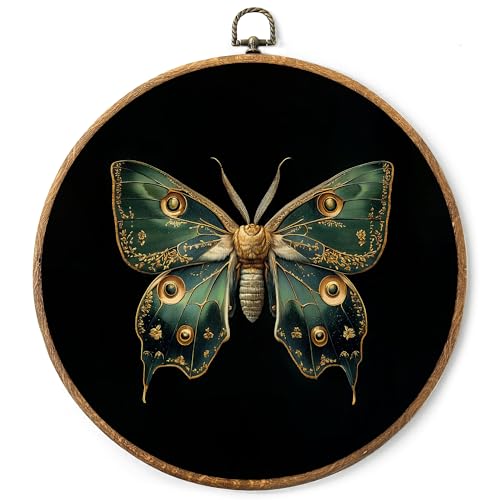 AYQJCBGC Vintage Moth Round Framed Wall Art, Cottagecore Retro Canvas Wall Decor, Dark Academia Framed Prints Hanging Decor for Home Bedroom Living Room, 10x10 Inch. (009) - color: Green Moth