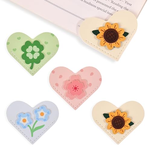 VYRANA 4Pcs Leather Heart Bookmarks - Cute Corner Book Marks Sets for Reading, Floral Read Lover Gifts for Women Men Kids Girl Readers, Pretty Book Markers for Reading, Aesthetic Gifts for Planner - style: Heart Flower