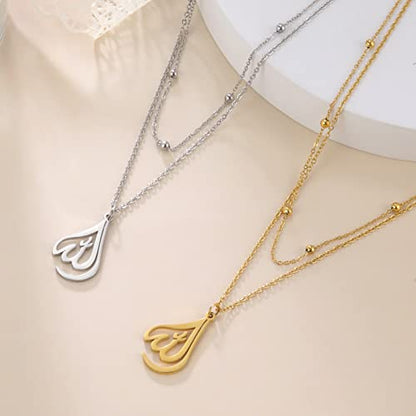 kkjoy Islamic Muslim Allah Layered Necklaces for Women Stainless Steel Water Drop Heart Shape Allah Necklace Lucky Islamic Jewelry