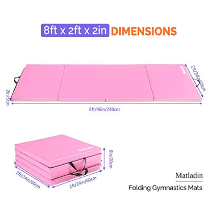 Matladin 8' Folding Gymnastics Gym Exercise Aerobics Mat, 8ft x 2ft x 2in PU Leather Tumbling Mats with Hook & Loop Fastener for Stretching Yoga Cheerleading Martial Arts - color: Pink