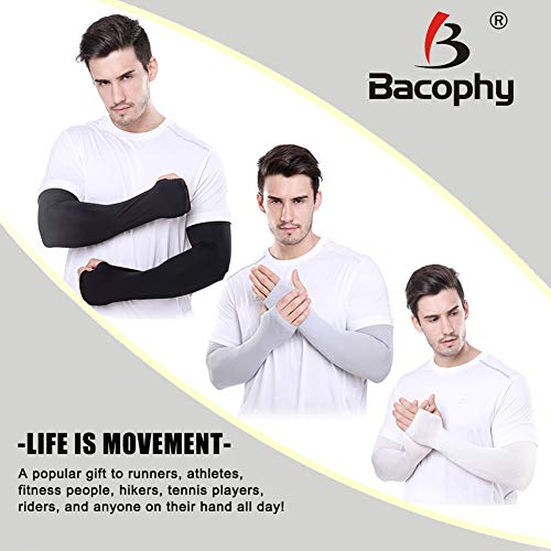 Bacophy 3 Pairs Arm Sleeves with Thumb Holes Women Men UV Protection Cooling, UPF 50 Compression Long Arm Cover - color: 3-pairs Black+white+grey