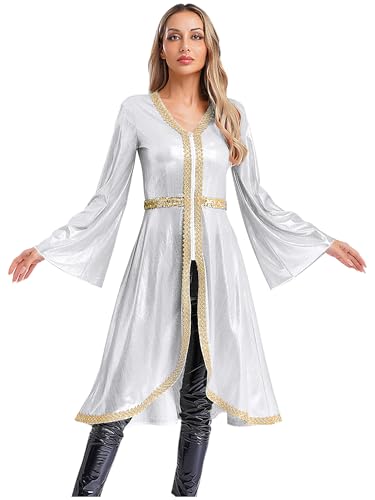 Women Muslim Abaya Dress Long Sleeve High Waist Embroidery Sparkly Caftan Islamic Evening Gown - color: Silver, size: Small