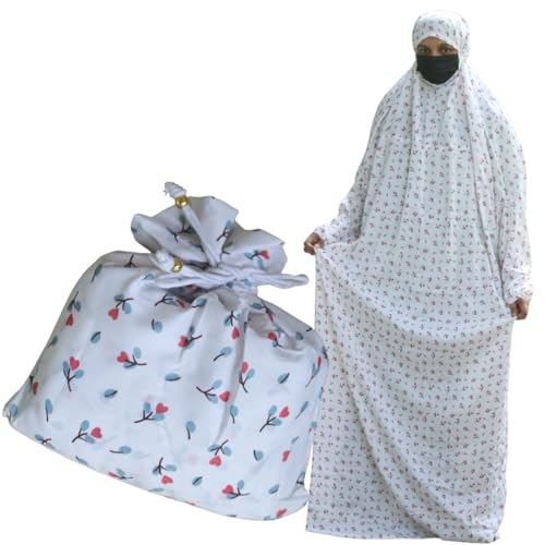 MERCATUS One-Piece Islamic Prayer Dress with Attached Hijab & Pouch - Lightweight Crepe Jilbab - Free Size, WHITE - color: Tiny Red Roses in White