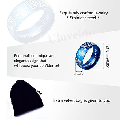 Uloveido Muslim Mohammad Arabic Letter Shahada Rings Gold Color Stainless Steel 8mm Wide Band Religious Allah Rings for Men and Women Y543 - color: Blue