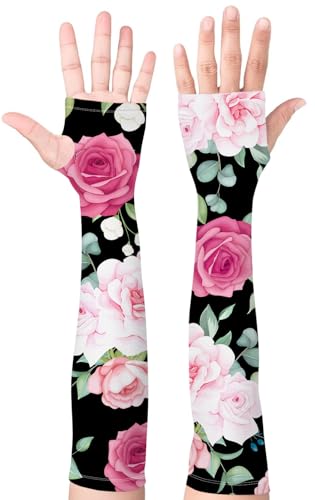 Bebila Gardening Sleeves for Women Farm UV Sun Protection Anti-Scratch Cooling Sleeves with Thumb Hole Arms Cover Outdoors - color: Black Rose