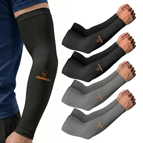 ARMORAY Arm Sleeves for Men and Women - UV Sun Protection Cooling Compression - Tattoo Cover Up Sleeve for Daily Wear & Work - color: Black 2 Pairs + Gray 2 Pairs (4 Pairs)