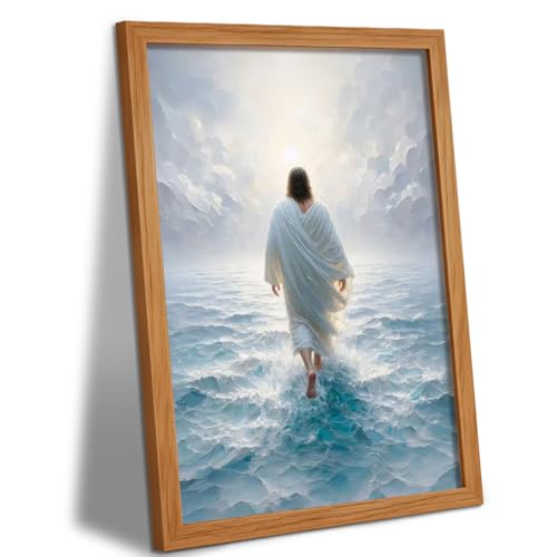 AUUAUU Jesus Walks on Water Wall Art Christian Canvas Painting 12x16 Inches - color: Wooden Framed Jesus walking on water, size: 16"L x 12"W