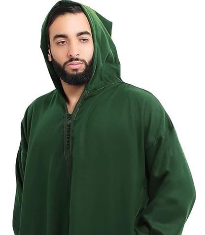 Moroccan Men Djellaba with Hood – Handmade Winter Jellaba Cotton Kaftan with Delicate Embroidery, Caftan Fits L–XL - color: Green