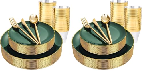 bUCLA 150PCS Green Plastic Plates - Green and Gold Disposable Include 25 Each (Dinner & Dessert) Plates, 25 Knives, 25 Forks, 25 Spoons and 25 Cups, Ideal for Party&Christmas (Pack of 2) - color: Green Gold, size: 25 Guests (Pack of 2)