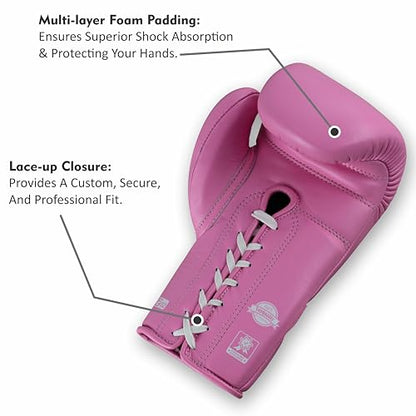 Aura 100 Full Grain Leather Lace Up Boxing Gloves for Men & Women – Professional Training, Sparring, Competition, Muay Thai, Kickboxing & Heavy Bag Gloves - color: Pink, size: 16 OZ