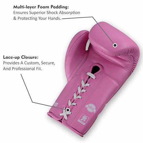 Aura 100 Full Grain Leather Lace Up Boxing Gloves for Men & Women – Professional Training, Sparring, Competition, Muay Thai, Kickboxing & Heavy Bag Gloves - color: Pink, size: 14 OZ