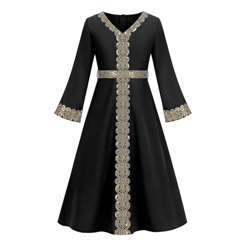 OBEEII Girls Muslim Abaya Ramadan Long Bell Sleeve V Neck Sequins Church Prayer Dress with Belt Islamic Eid Robe Kaftan - color: Black-sequins, size: 12-13 Years