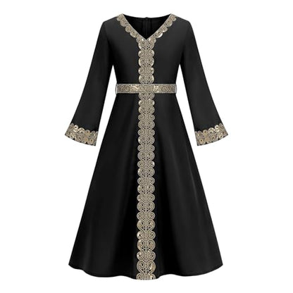 OBEEII Girls Muslim Abaya Ramadan Long Bell Sleeve V Neck Sequins Church Prayer Dress with Belt Islamic Eid Robe Kaftan - color: Black-sequins, size: 12-13 Years