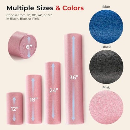 Sunny Health & Fitness High-Density Foam Roller 12" to 36", for Stretching & Muscle Recovery – Black, Blue, Pink - color: Pink, size: 36-Inch