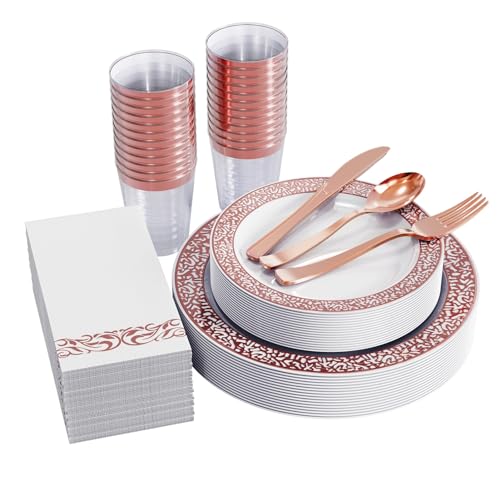 FOCUSLINE 175 Ct Rose Gold Dinnerware Set for 25 Guests, Plastic Plates with Rose Gold Lace Rim Design, Including 25 Disposable Dinner & Dessert Plates, Cups, Napkins, Cutlery Set - color: Rose Gold Dinnerware Set