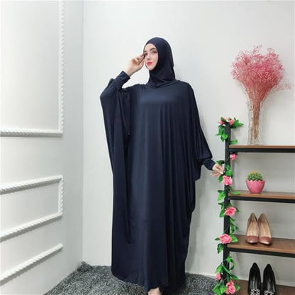 Women's Solid Muslim One-Piece Prayer Dress Abaya Kaftan with Hijab Full Length Dress - color: Navy