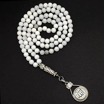 Special Prayer Beads Series -99 beads- Tesbih Tasbih Tasbeeh Misbaha Masbaha Subha Sebha Sibha (White Jade Stone -8 mm 99 Beads- & Zircon Stone Design) - color: White Jade Stone -8 mm 99 Beads- & Zircon Stone Design