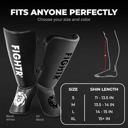 FIGHTR® Shin Guards - with a and Ideal Padding | Thick shin Protection for Kicks in Kickboxing, MMA, Muay Thai and Other Martial Arts - color: All Black, size: Medium