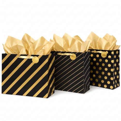 MilkToast Brands Large Gift Bags Set of 3 – Colored & Gold Designs (Polka Dot & Stripes) with Tissue Paper & Blank Gift Tags – Premium Gift Wrapping Bags for Birthdays, Holidays & More (Black) - color: Large Black & Gold